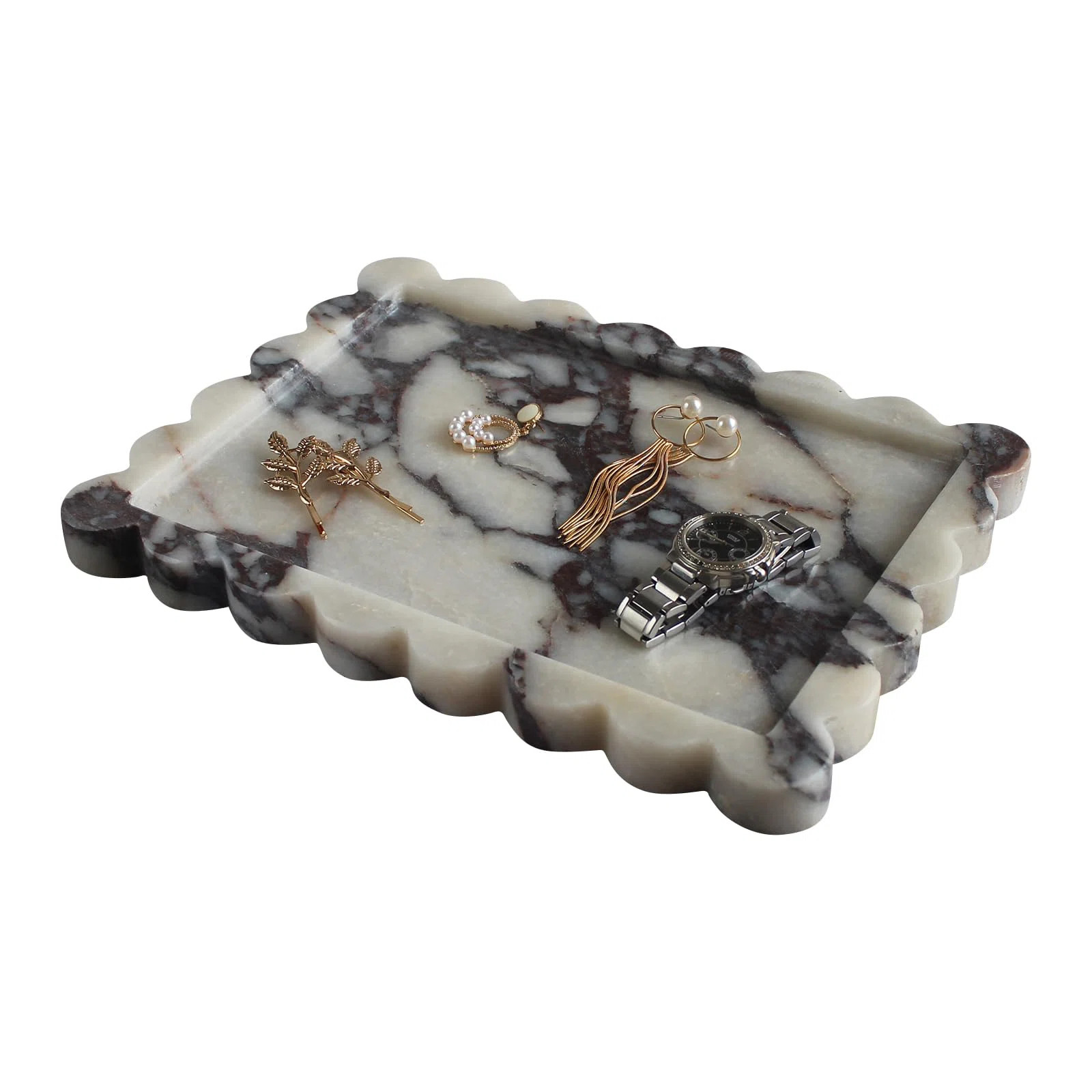 Natural Luxury Scalloped Marble Tray, Rectangle Vanity Tray For Bathroom Kitchen Countertops | Wayfair North America