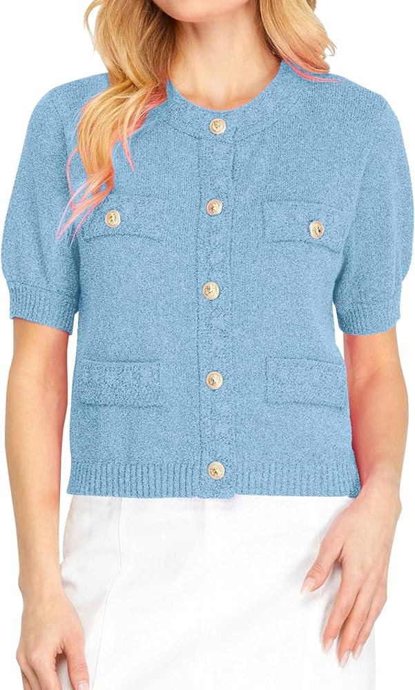 Hacikis Womens Button Down Cropped Cardigan Sweaters Crewneck Short Sleeve Knit Open Front Sweate... | Amazon (US)
