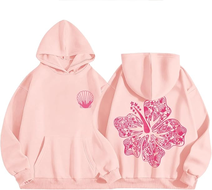 Cute Pink Hoodie Kids Girls Aesthetic Preppy Hibiscus Flower Puff Hoodies Kawaii Hawaii Palm Beac... | Amazon (US)
