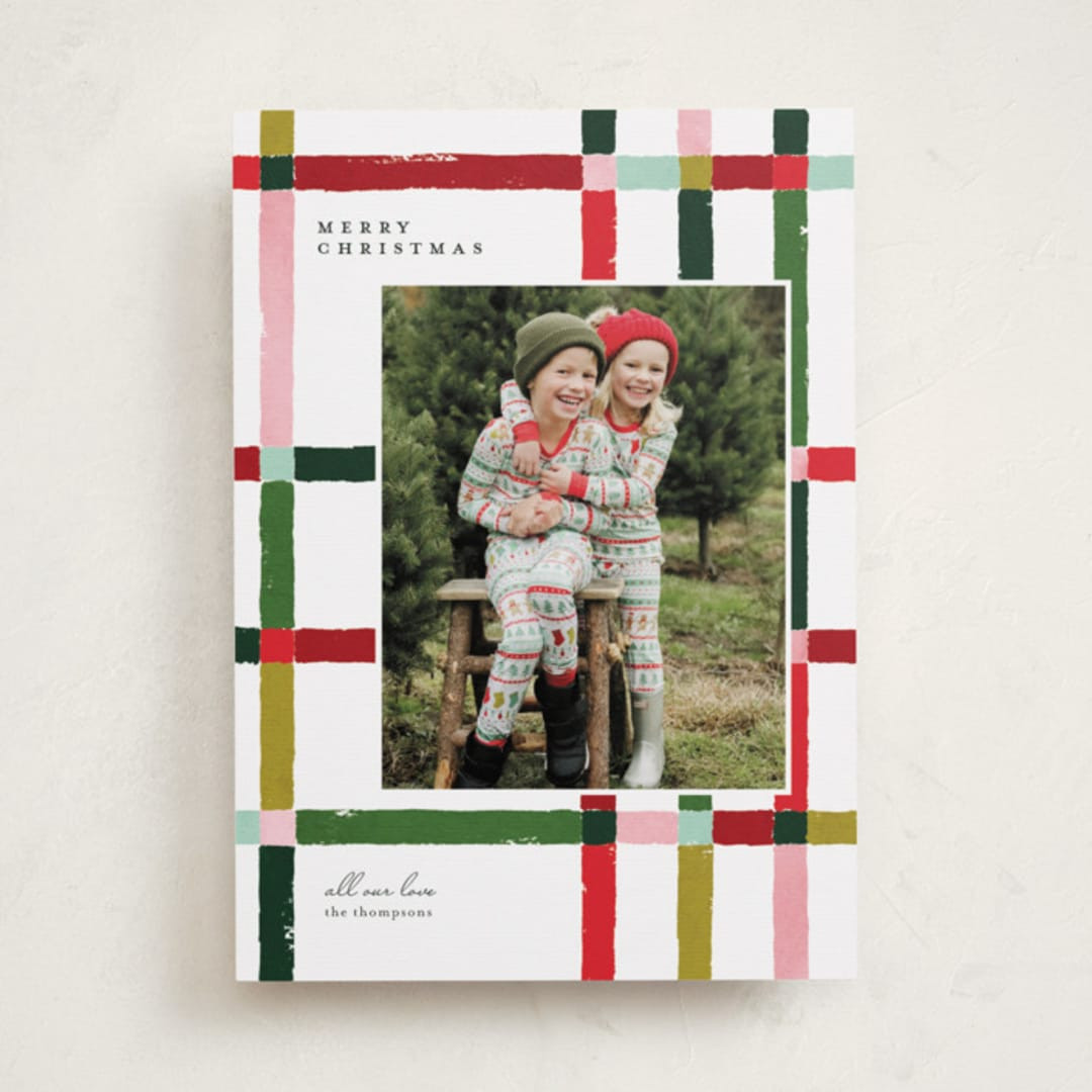 "Knitted Plaid" - Customizable Christmas Photo Cards in Pink by Carrie ONeal. | Minted