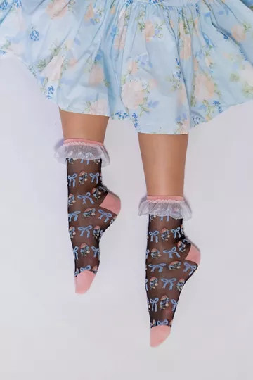 Sock Candy Floral Bow Ruffle Black Sheer Sock | Urban Outfitters (US and RoW)