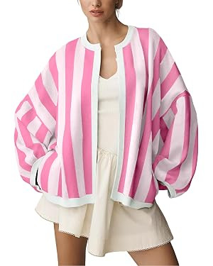Women's Casual Loose Fit Striped Cardigan Long Balloon Sleeves Open Front Knit Sweater | Amazon (US)