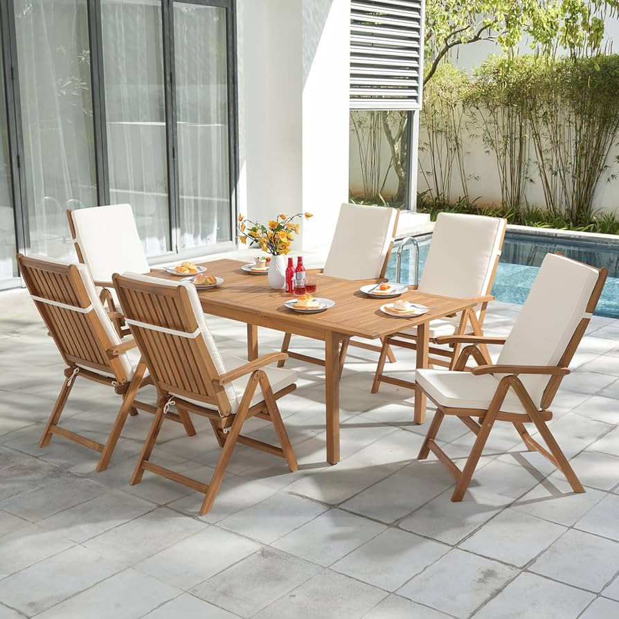 Amazon.com: OC Orange-Casual 7 Piece Patio Dining Set, Outdoor Acacia Wood Furniture Set w/Extendable Rectangular Table and 6 Foldable Reclining Chair, Solid Wood, for Deck Garden Backyard, Beige : Patio, Lawn & Garden | Amazon (US)