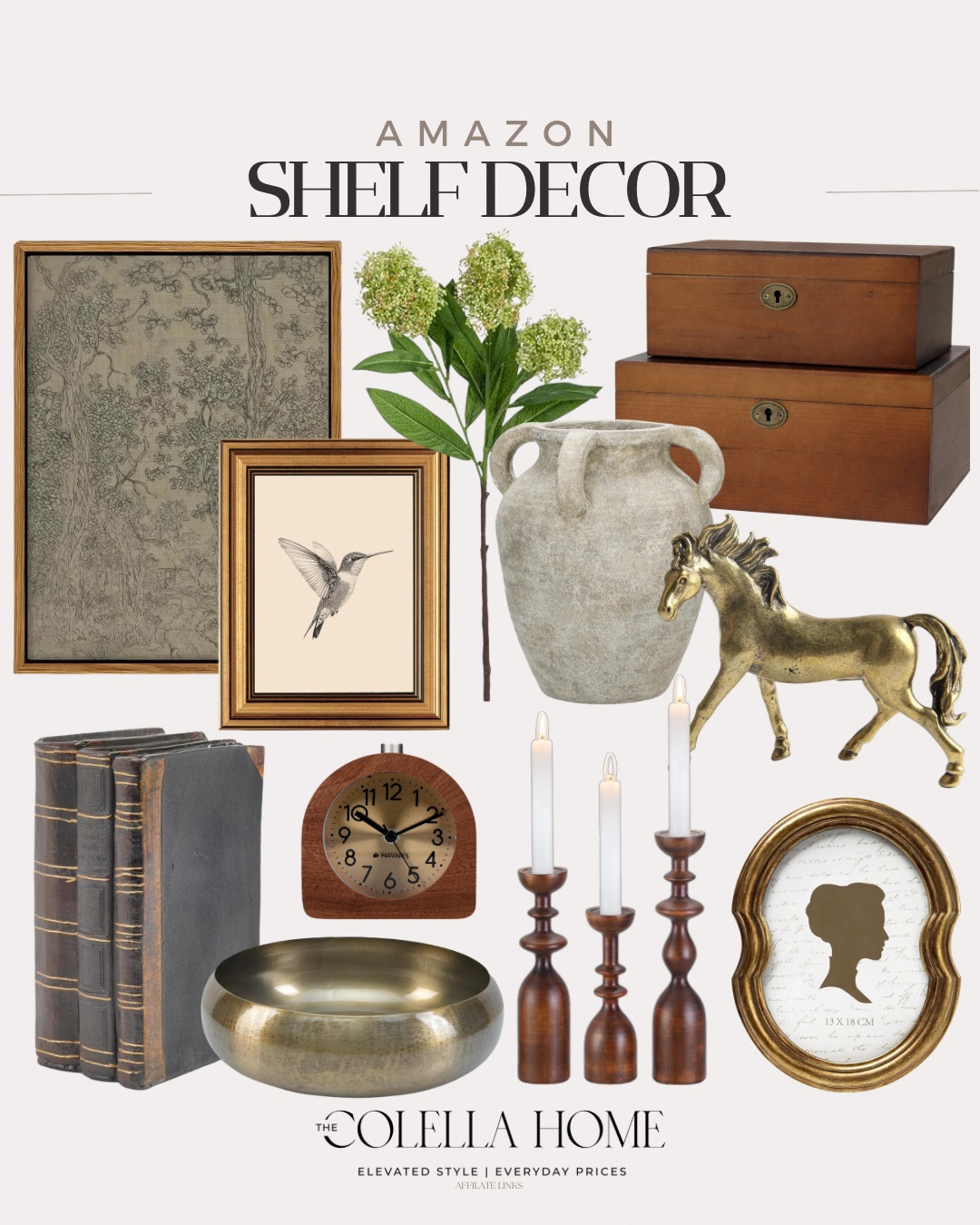Amazon shelf decor includes wall art, floral stems, vase, horse figure, decorative boxes, frame, candle stick holders, table clock, decorative bowl, and decorative books.

Home decor, looks for less, neutral home decor, home accents

#LTKSeasonal #LTKSaleAlert #LTKHome