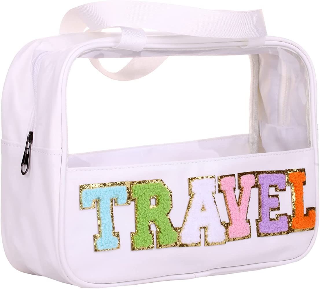 CRUOXIBB Chenille Letter Patch Clear PVC And PU leather Large Travel Makeup Toiletry Storage Bag ... | Amazon (US)