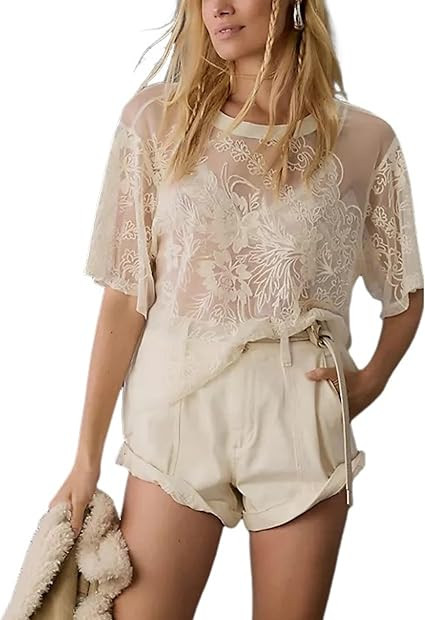 OPCAKM Lace Tops for Women Sexy Short Sleeve Mesh Tops Embroidered Sheer Lace T-Shirts See Throug... | Amazon (US)