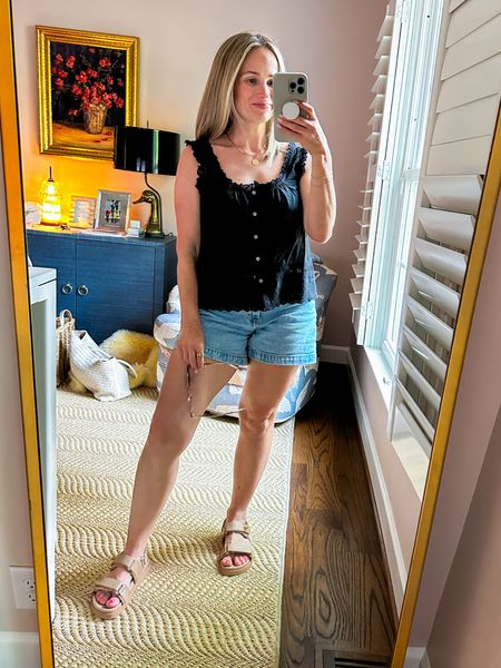 Ruffle top that’s breastfeeding friendly 

Denim shorts that are mom approved (not too short) - TTS. size up if you’re on the fence. 

#LTKSeasonal #LTKOver40