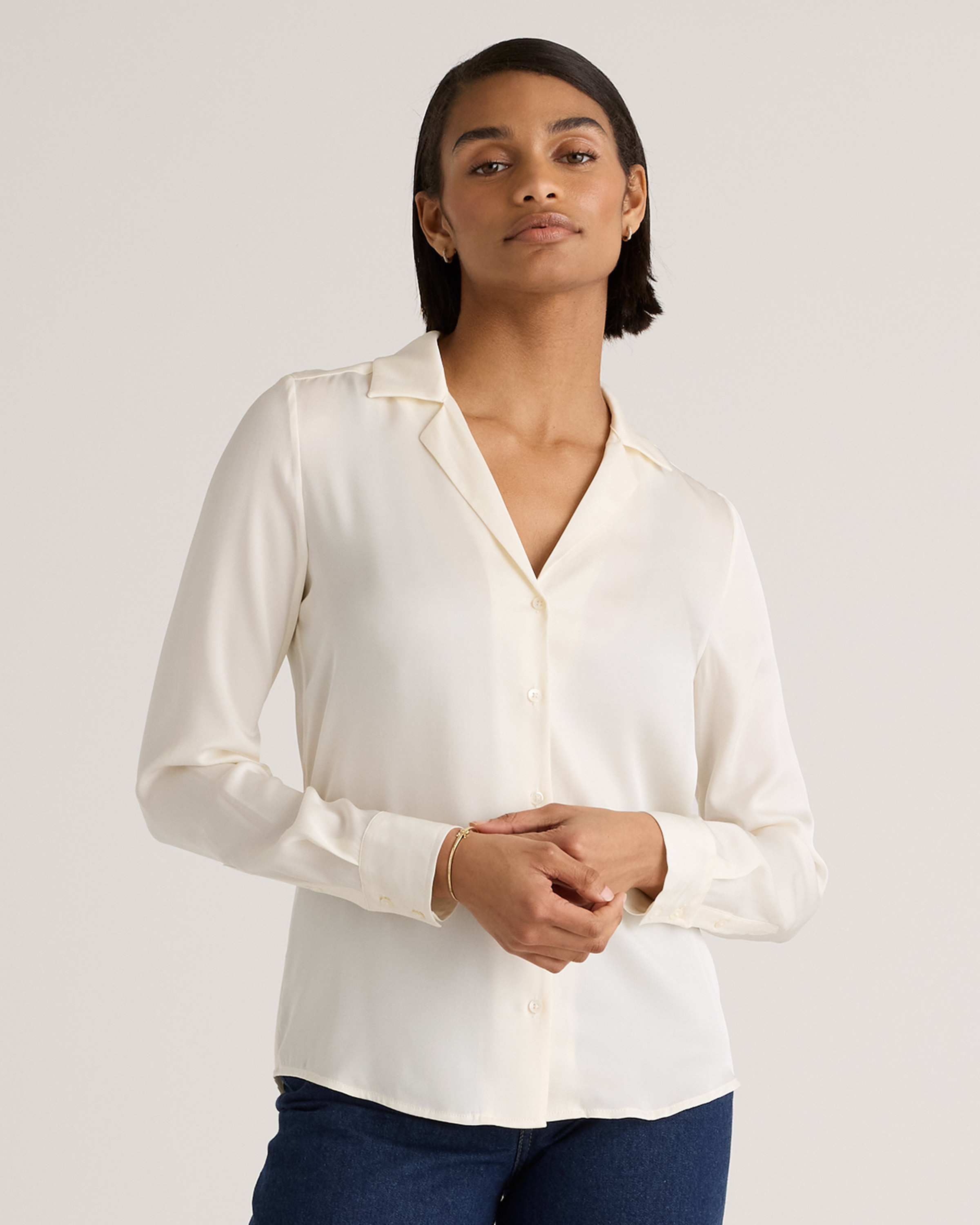 Quince | Women's 100% Washable Silk Stretch Notch Collar Blouse in Ivory, Size XS | Quince