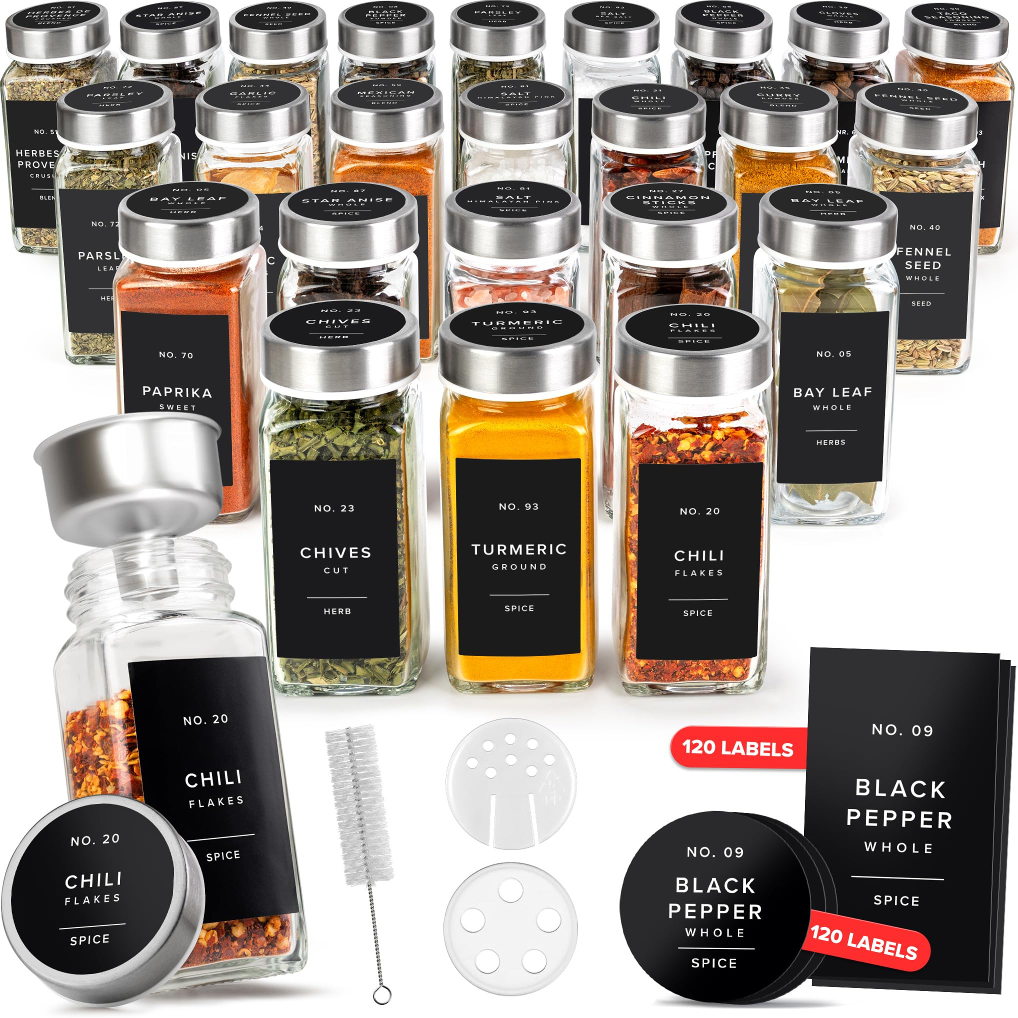 Glass Spice Jars with Label and Stainless Steel Lids (24 x 4oz) Spice Containers with 240 Labels,... | Amazon (US)