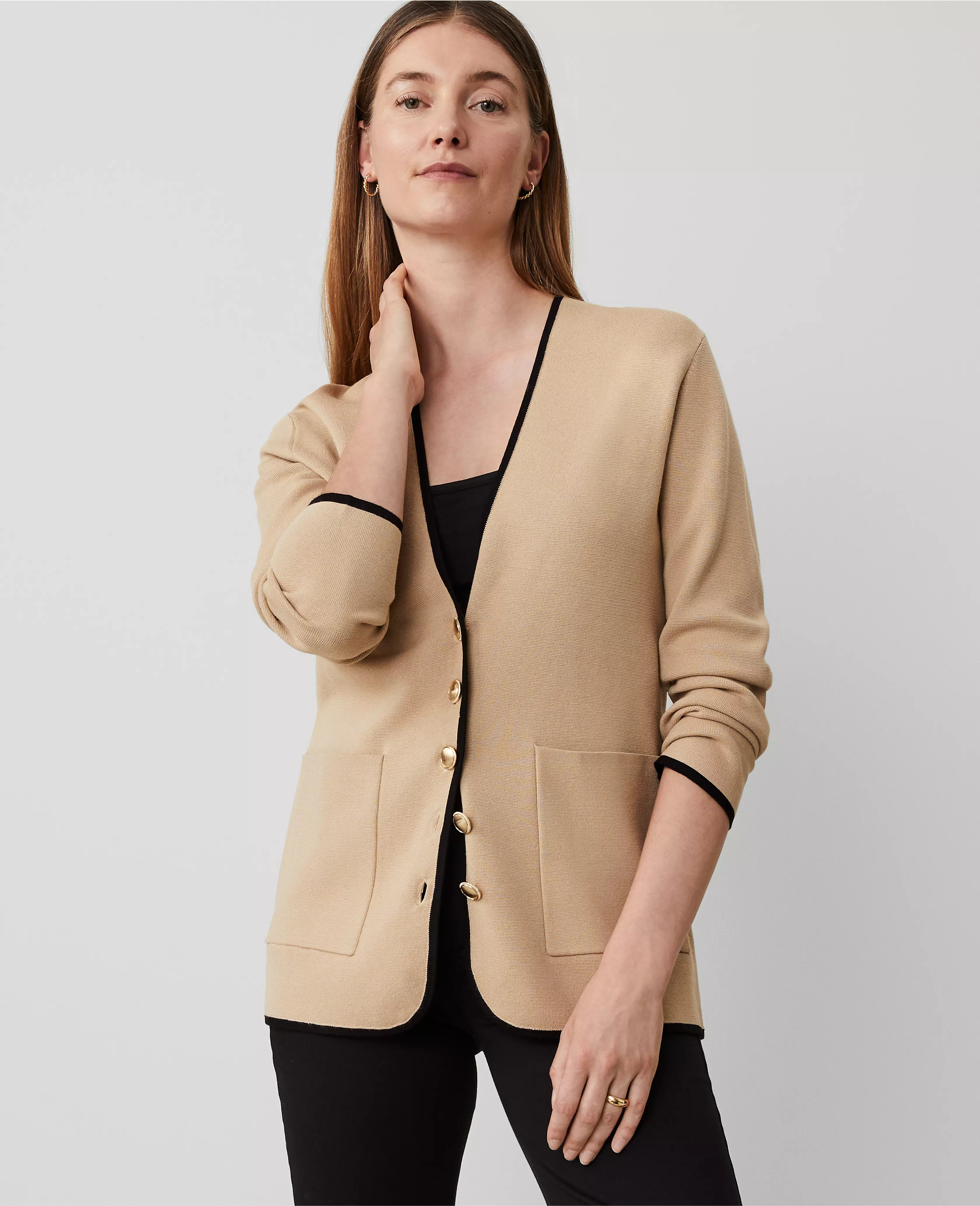 Tipped V-Neck Sweater Blazer | Ann Taylor (US)