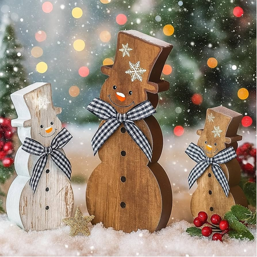Chunful 3 Pcs Christmas Snowman Table Decoration Rustic Brown Winter Wooden Snowman Table Centerp... | Amazon (US)