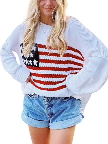 Sunloudy Women's 4th of July Vintage Sweater American Flag Star Print Long Sleeve Crew Neck Knit Pullover Sweater (White, L) | Amazon (US)