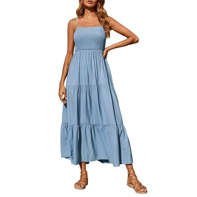 AOOCHASLIY Sun Dresses for Women Clearance Beach Bohemian Spaghetti Strap Smocked Tiered Long Bea... | Walmart (US)