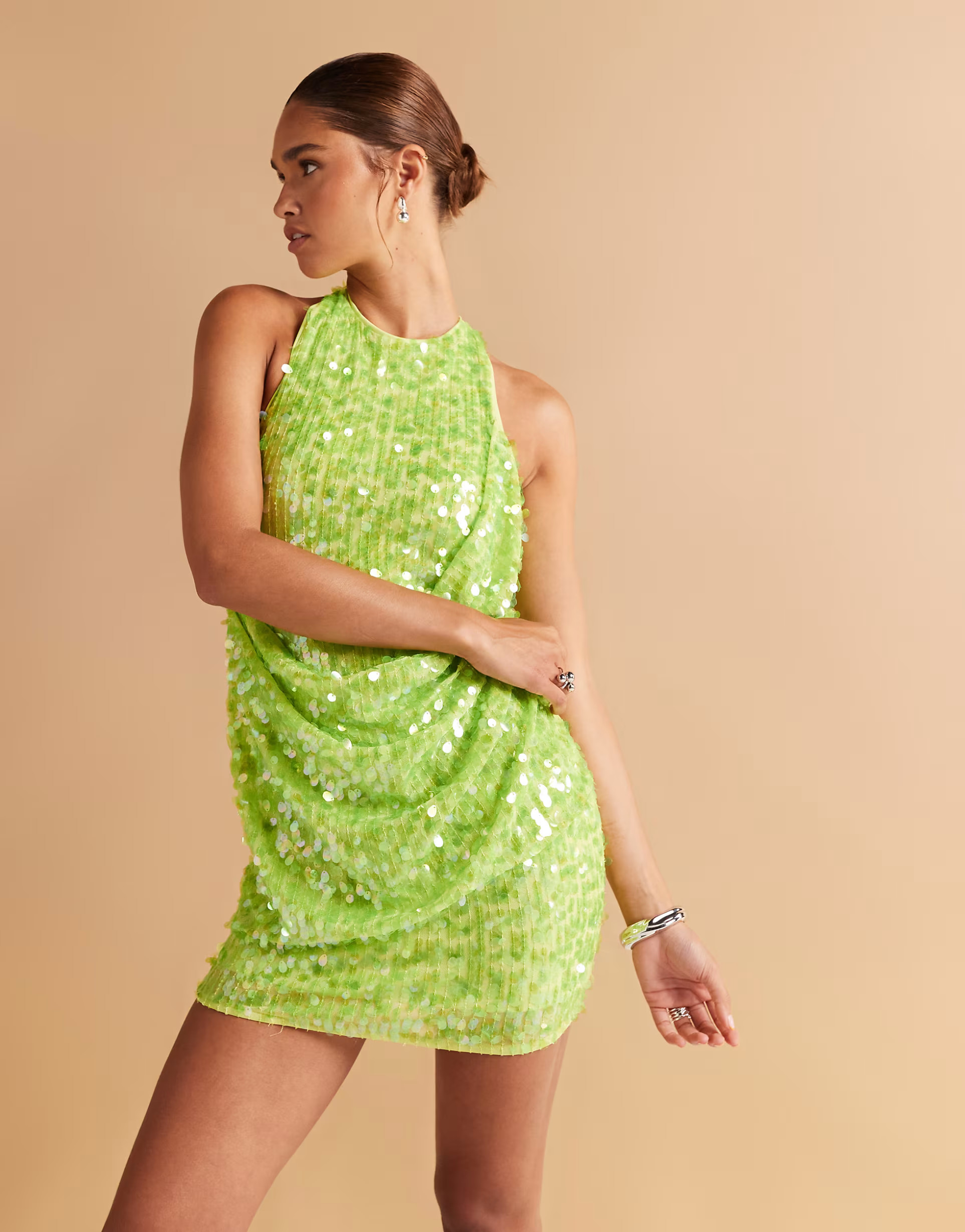 ASOS DESIGN embellished sequin draped front mini dress with high neck and open back in neon green | ASOS (Global)