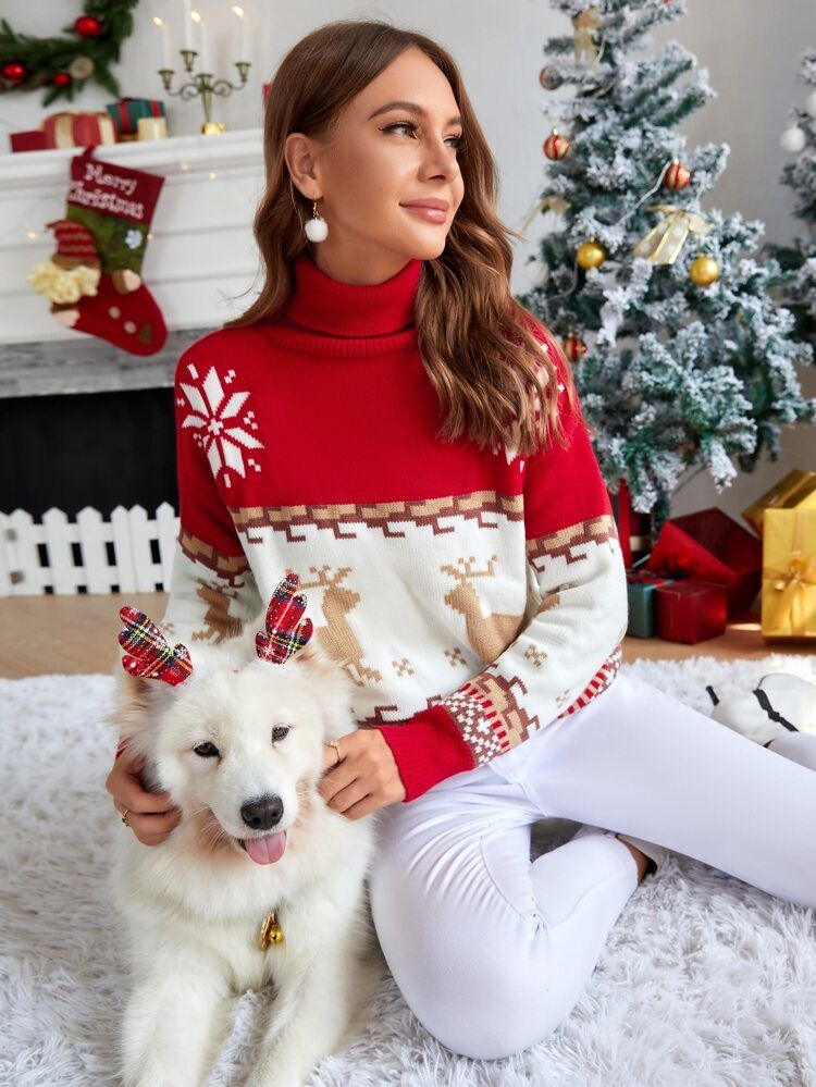 Christmas Pattern High Neck Sweater | SHEIN
