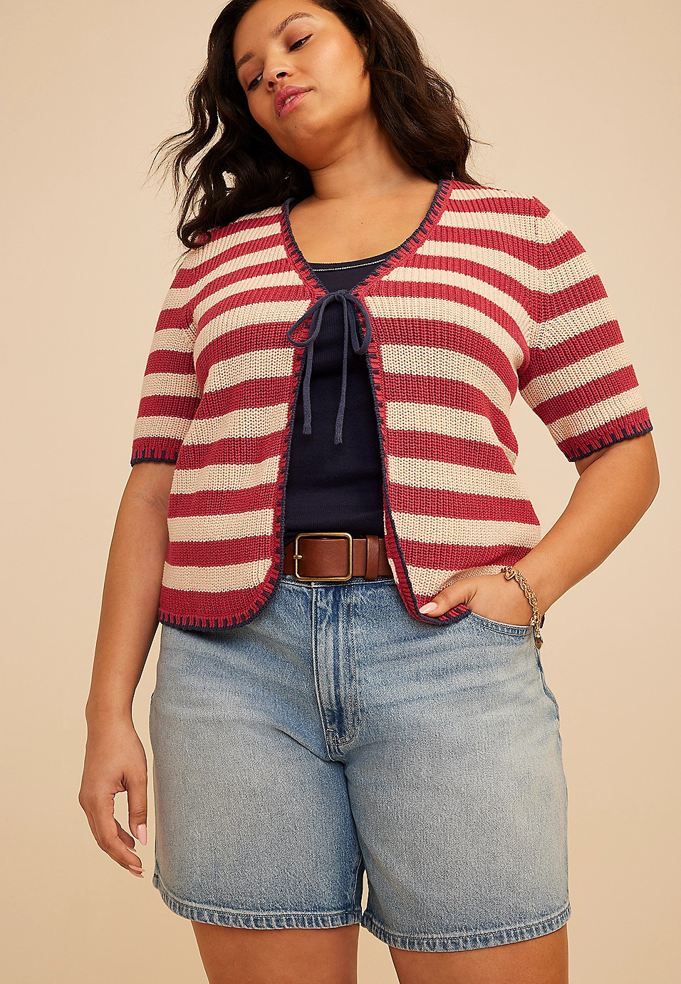 Plus Size Stripe Tie Front Cardigan | Maurices