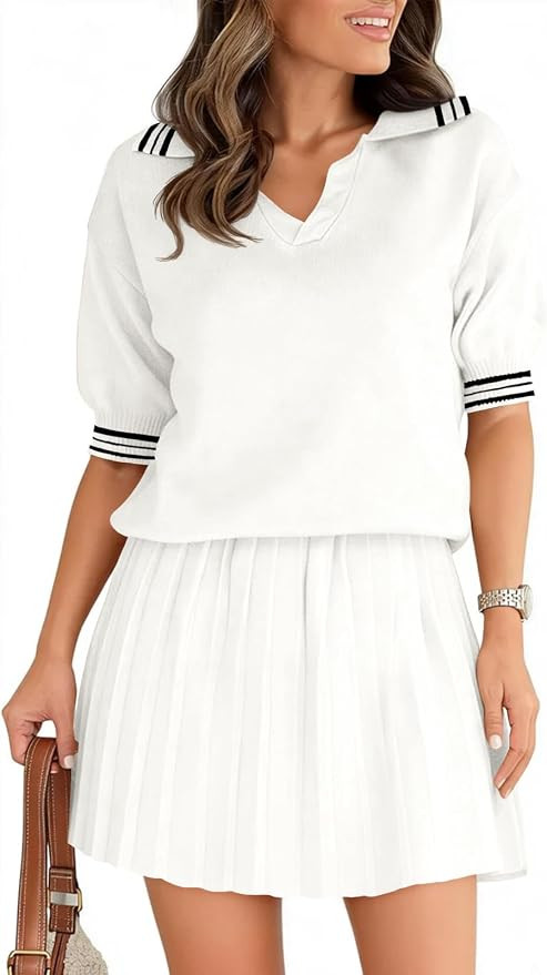 Fisoew Womens Summer 2 Piece Skirt Sets Short Sleeve V Neck Knit Sweater Tops Pleated Mini Skirt ... | Amazon (US)