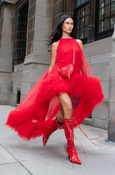 ARI TULLE RUFFLE HIGH LOW MINI DRESS IN RED | AKIRA