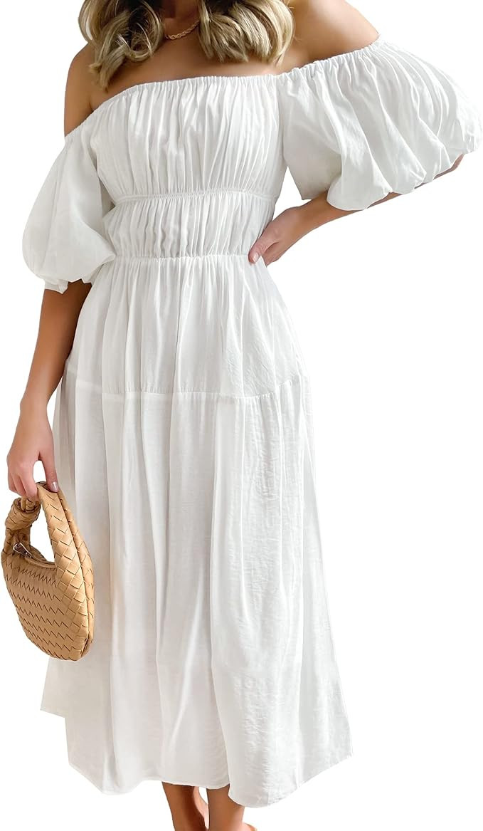 ZESICA Women's 2023 Sexy Boho Off Shoulder Puff Short Sleeve High Waist Ruffled Flowy A Line Beac... | Amazon (US)