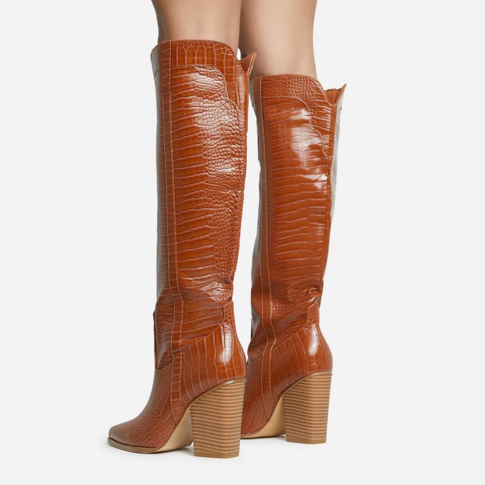 Gaia Pointed Toe Block Heel Knee High Long Western Cowboy Boot In Tan Brown Croc Print Faux Leath... | EGO Shoes (US & Canada)