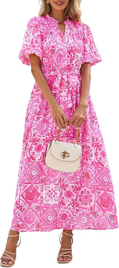 KIRUNDO Women Spring Summer Wedding Guest Boho Floral Maxi Dress Puff Sleeve Button Shirt V Neck ... | Amazon (US)