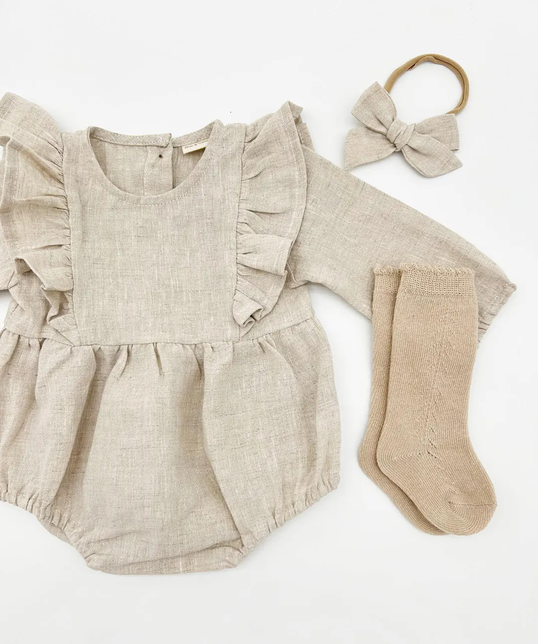 Baby Girl Linen OAT Ruffle Bubble Romper | OPTION SETS Socks + Bow + Cardigan | Gabriella - Etsy | Etsy (US)