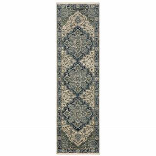 Blue and Beige 2 ft. x 8 ft. Oriental Power Loom Fringe with Runner Rug | The Home Depot