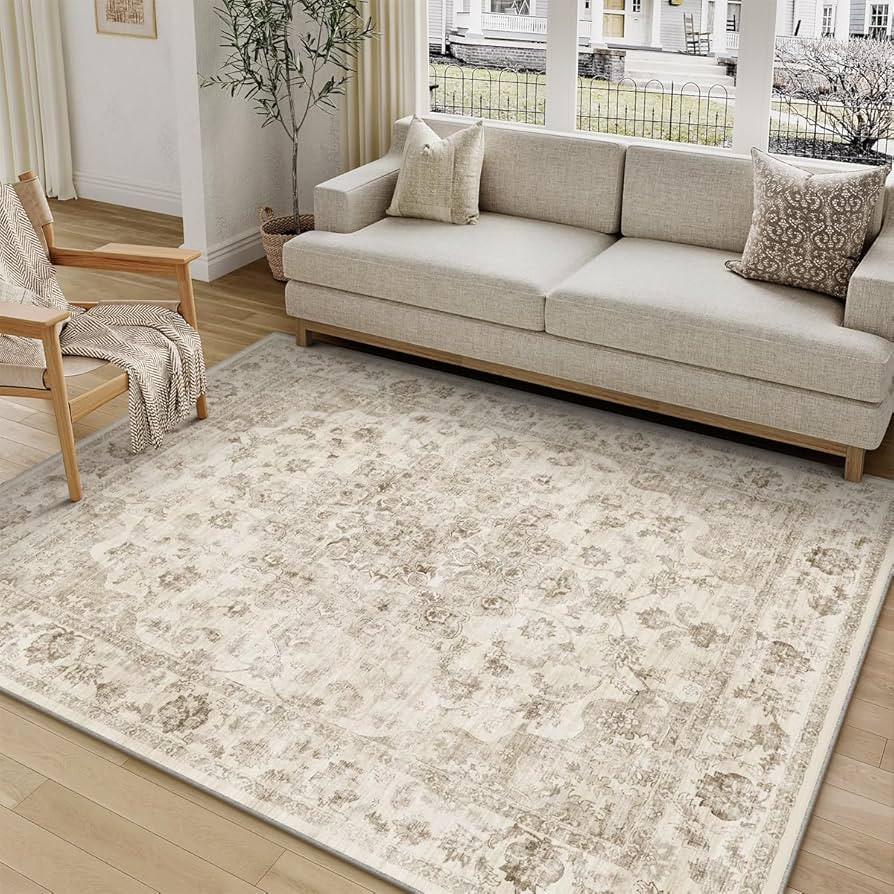 5x7 Washable Neutral Area Rug Beige Vintage Living Room Bedroom Carpet Non-Slip Soft Low Pile Flo... | Amazon (US)