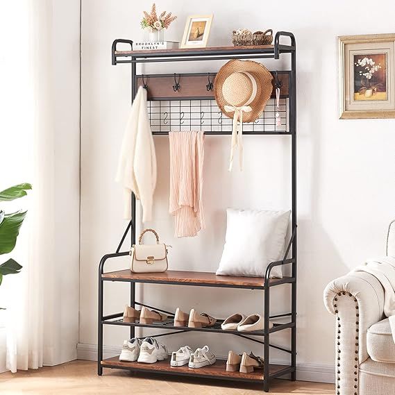 HOMISSUE 5-In-1 Entryway Hall Tree with Shoe Bench, Coat Rack with 11 Hooks and 2 Hanging Rods, G... | Amazon (US)