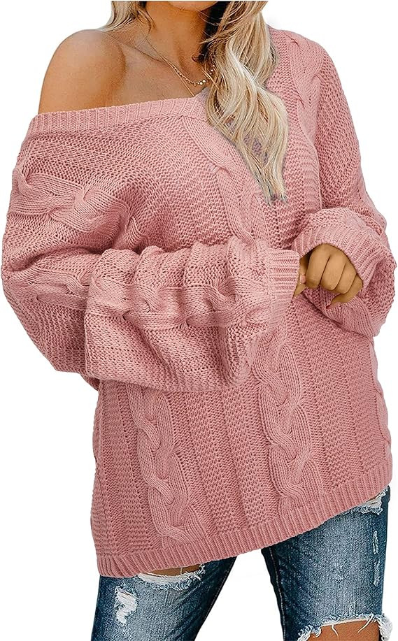 STYLWORD Women's Off Shoulder V Neck Long Sleeve Pullover Cable Knit Casual Loose Sweater Tops | Amazon (US)