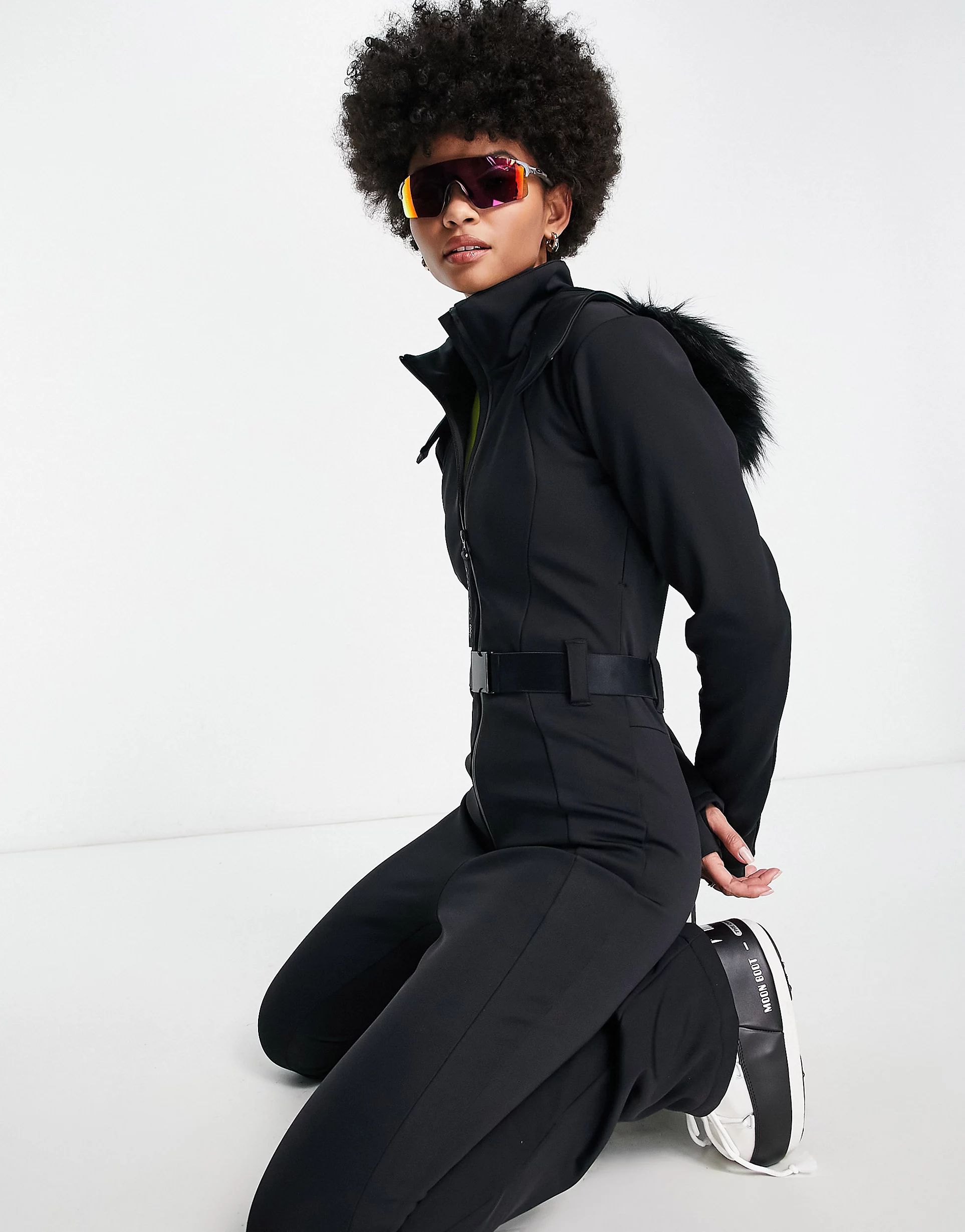 ASOS 4505 Tall belted ski suit with slim kick leg and faux fur hood | ASOS (Global)