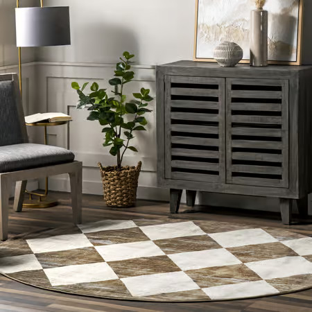 Beige Vanni Checkered Fringed 6' 7" x 10' Area Rug | Rugs USA