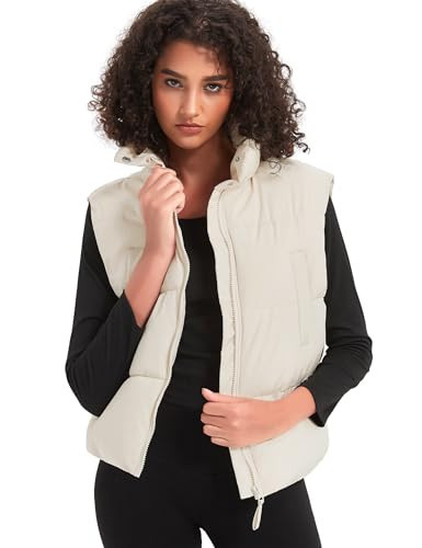 Womens Puffer Vest Crop Sleeveless Jacket Zipper Up High Collar Winter Quilted Padded With Pockets Apricot M | Amazon (US)