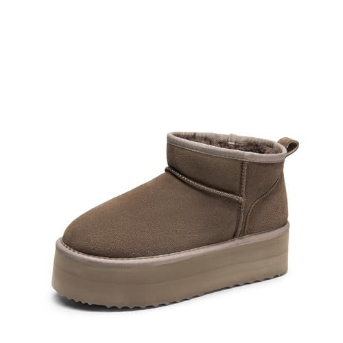 DREAM PAIRS Platform Mini Boots for Women Suede Genuine Leather, Classic Winter Ankle Snow Boots with Memory Foam Insole Lightweight Anti-Slip Outsole FuzzyClassic,Size 8.5,Taupe,SDSB2427W | Amazon (US)
