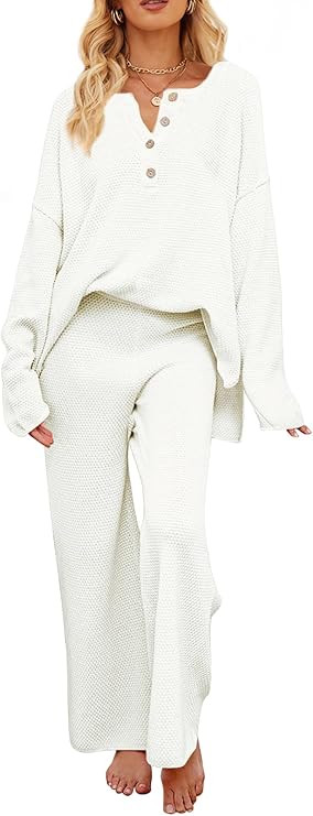 MEROKEETY Women's 2 Piece Outfit Sets Long Sleeve Button Knit Pullover Sweater and Pants Lounge S... | Amazon (US)