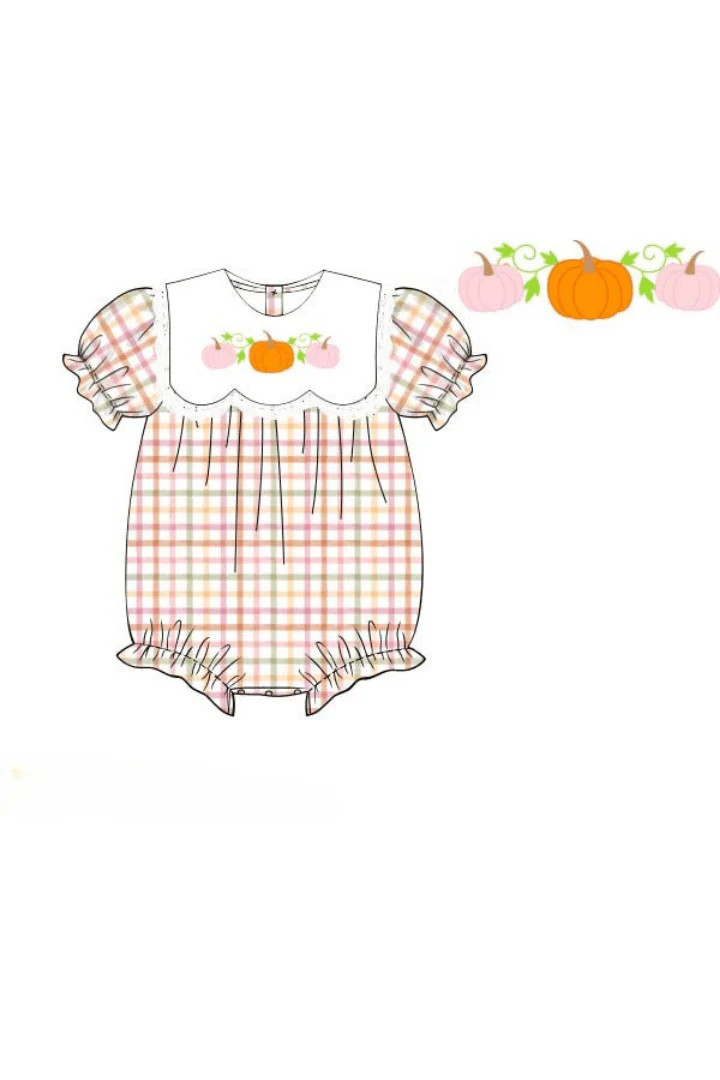 Pre-Order Embroidered Plaid Pumpkin Bubble | The Smocked Flamingo
