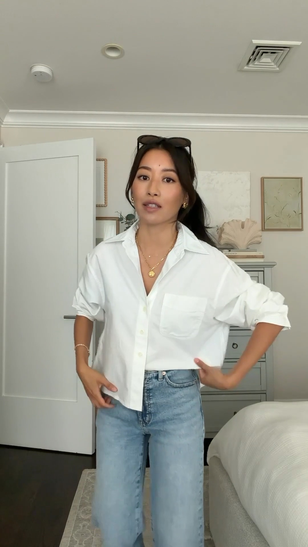 Outfit on sale! Would also highly recommend the linked mid rise barrel jeans for a vintage style denim (waist fits looser)
• Cropped white button down XXS, oversized and boxier style with crisp cotton fabric 
• Perfect vintage wide leg crop jean 24 short 
• suede penny loafers 5 tts (I am usually between 5 and 5.5) with removable magnet penny 
• Oval sunglasses 
• gap striped tee xxs regular (length runs short!) 

Classic white top, petite friendly jeans, easy mom outfit

#LTKPetite #LTKootd #LTKSaleAlert