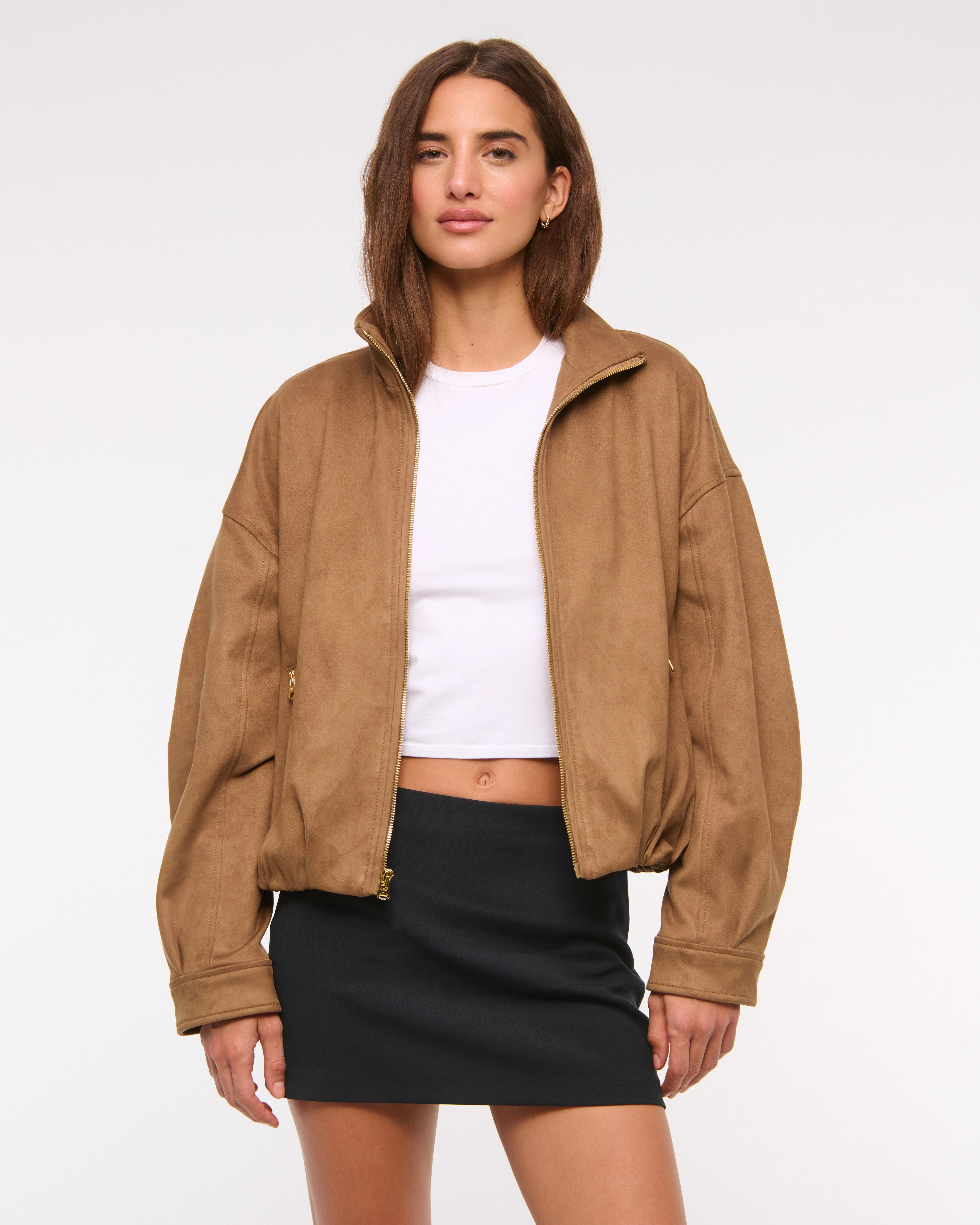 Bubble Hem Vegan Suede Bomber Jacket | Abercrombie & Fitch (US)