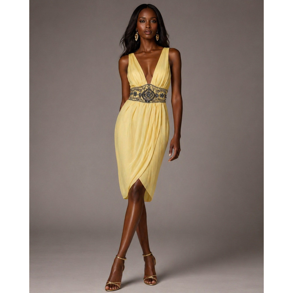 Mandalay Silk Dress 8 Yellow Beaded Empire Waist Cocktail NWT | Poshmark