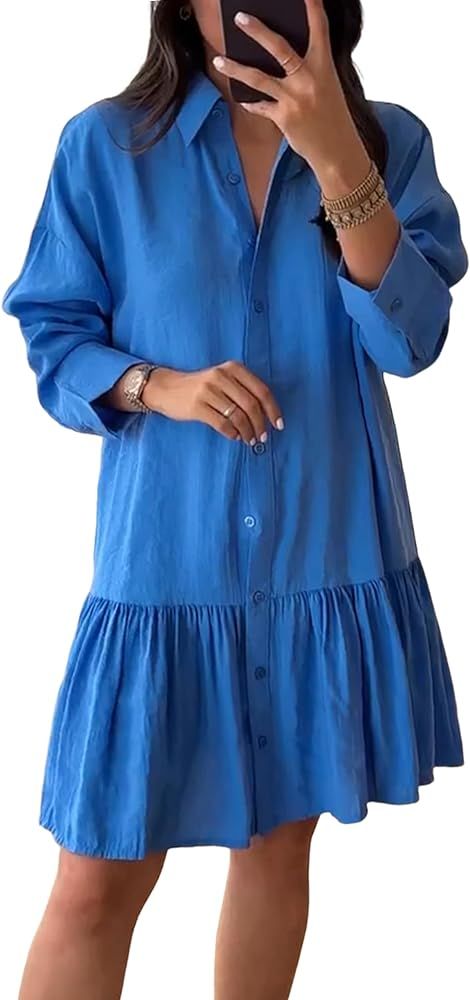 Zhiyouni Women's Shirt Dress Loose Lapel Collar Long Sleeves Button Down Tunics Tops Blouses | Amazon (US)