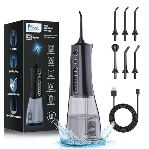 Water Dental Flosser Cordless Teeth Cleaning MOCEL 5 Modes Oral Irrigator 300ML Portable and USB C Cable Rechargeable IPX7 Waterproof Flossing Teeth Pick Irrigation Cleaner for Home Travel (Black) | Amazon (US)