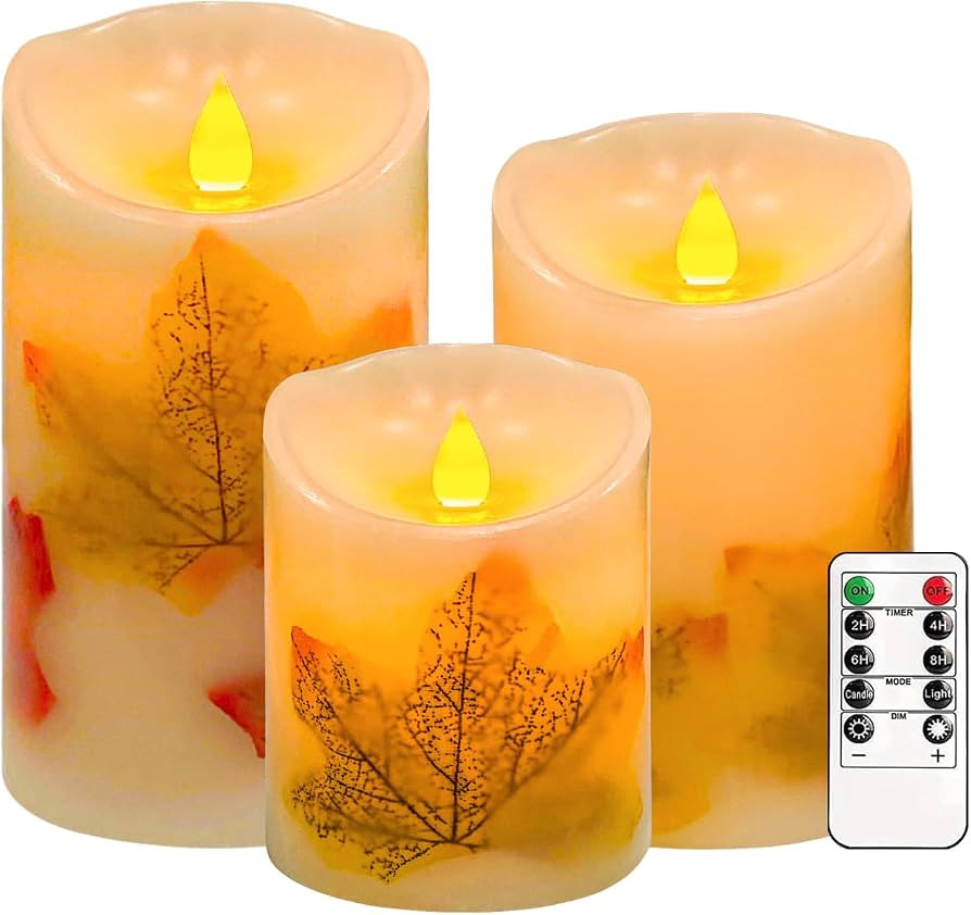 Flameless Candles Lights,Set of 3 Maple Leaf Flickering LED Candles with Remote & Timer, Dimmable... | Amazon (US)
