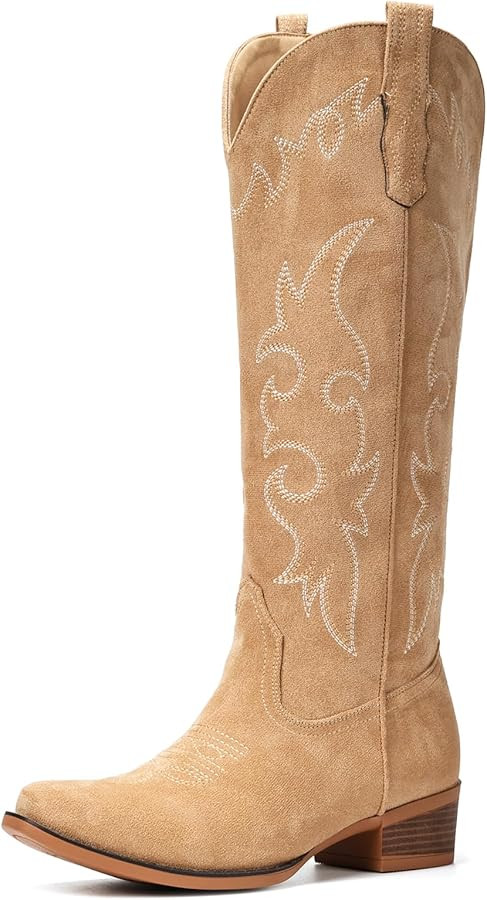 Suede Cowboy Boots for Women Knee High Western Cowgirl Boots Pointed Toe Low Heel Classic Embroid... | Amazon (US)