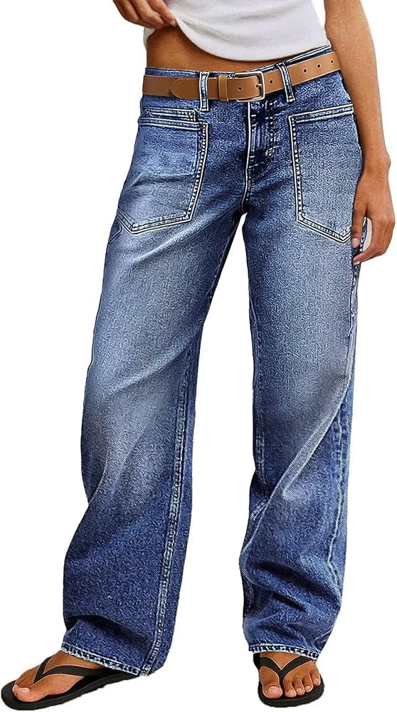 Flamingals Straight Leg Jeans for Women Trendy Mid Rise Stretchy Patch Pocket Baggy Jeans Casual ... | Amazon (US)