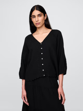 Cotton Gauze Embroidered V-Neck Top | Gap (US)