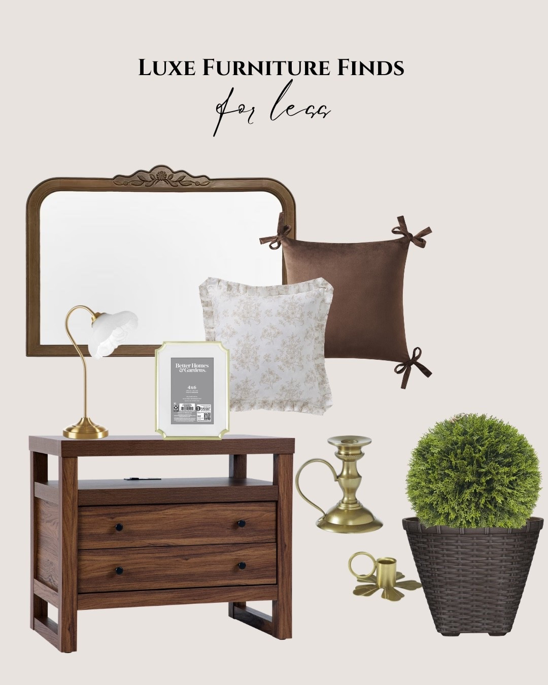 Walmart furniture finds for less: dark brown framed mirror, flowered pattern pillow, dark brown pillow, gold vintage table lamp, gold frame, brown nightstand, gold candle holders, dark brown wicker planter.

#LTKHome #LTKSaleAlert
