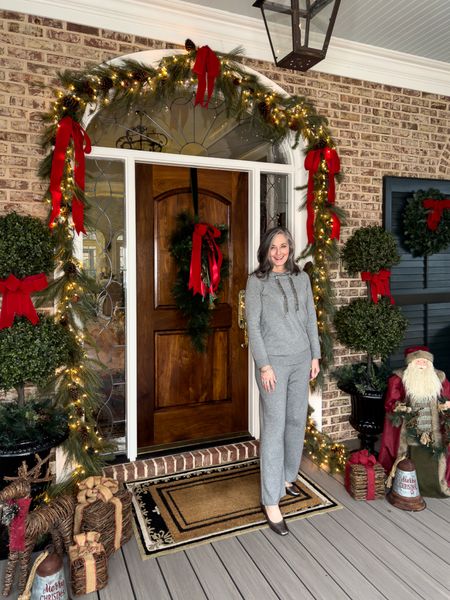Sunday lunch at home! I can wear these cashmere like sweats from Chicos and still look put together! Love the shimmer detail in the hoodie ties. Would look great even with sneakers! #chicos #sweats #comfyclothes #loungewear 

Size 1 in both pieces. Pants a bit big, but ok! 

#LTKHoliday #LTKSeasonal #LTKover40