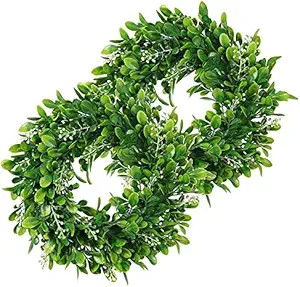 LSKYTOP 2 Pack Artificial Boxwood Wreath Round Green Leaves Door Wall Window Decoration,11Inch/PC | Amazon (US)