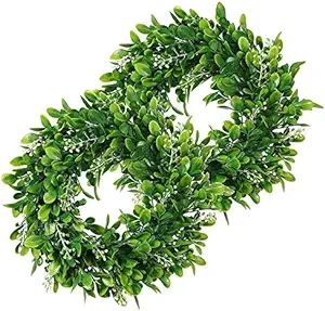 LSKYTOP 2 Pack Artificial Boxwood Wreath Round Green Leaves Door Wall Window Decoration,11Inch/PC | Amazon (US)