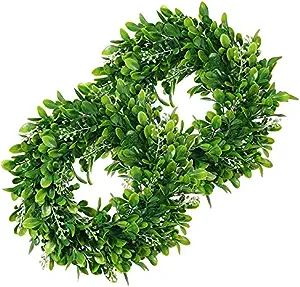 LSKYTOP 2 Pack Artificial Boxwood Wreath Round Green Leaves Door Wall Window Decoration,11Inch/PC | Amazon (US)